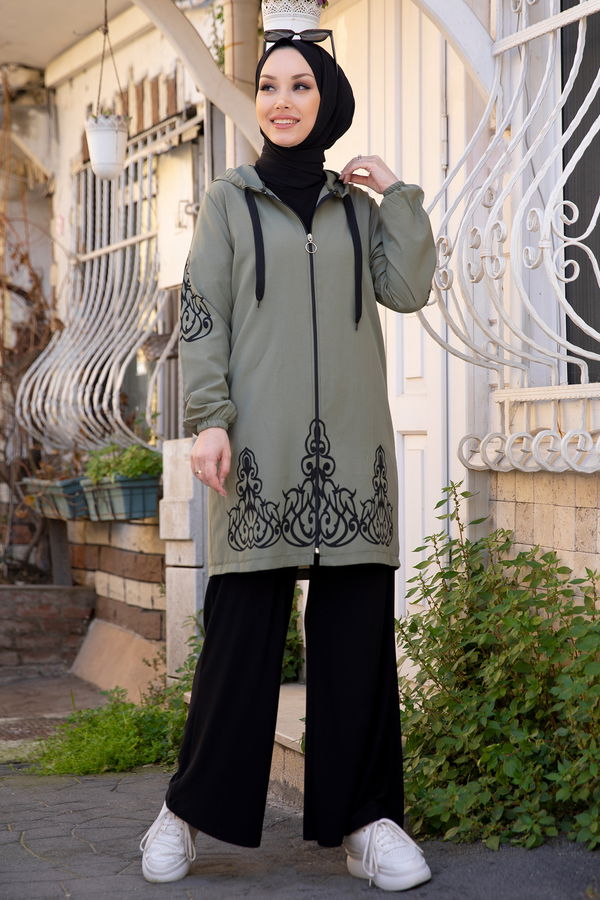 Düz Orta Kadın Haki Baskılı Tunik - 3729