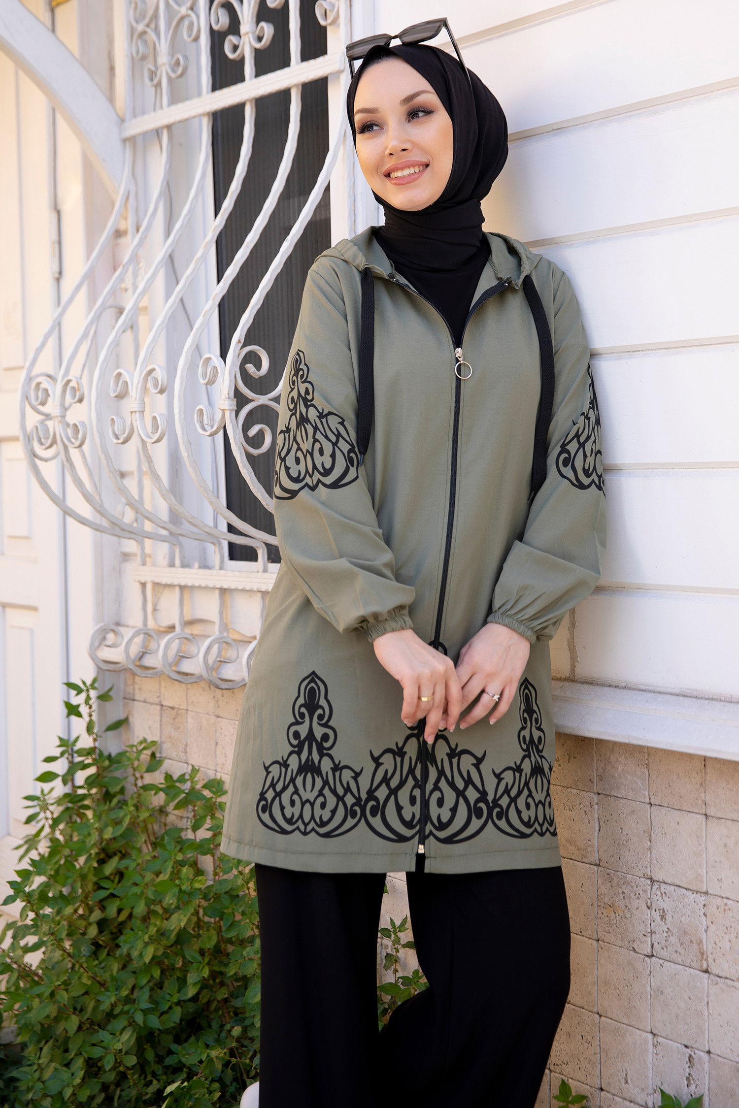 Düz Orta Kadın Haki Baskılı Tunik - 3729