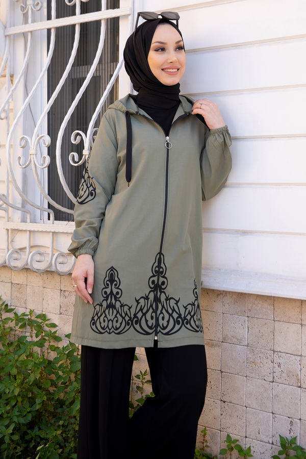 Düz Orta Kadın Haki Baskılı Tunik - 3729