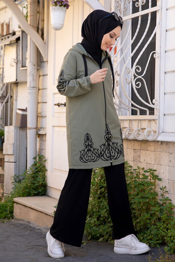 Düz Orta Kadın Haki Baskılı Tunik - 3729