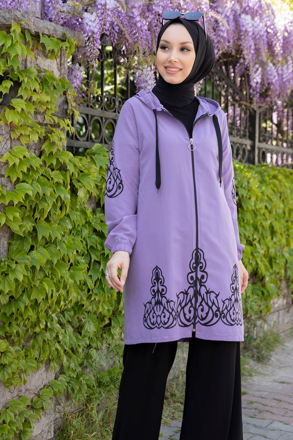 Düz Orta Kadın Lila Baskılı Tunik - 3729