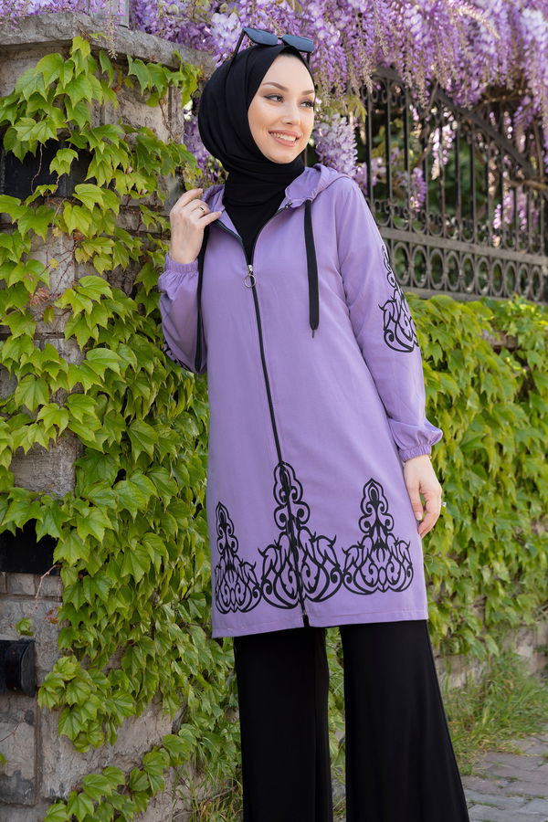Düz Orta Kadın Lila Baskılı Tunik - 3729
