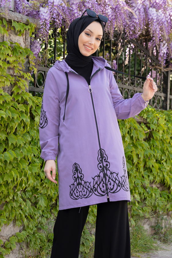 Düz Orta Kadın Lila Baskılı Tunik - 3729