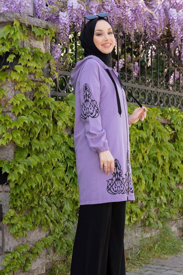 Düz Orta Kadın Lila Baskılı Tunik - 3729