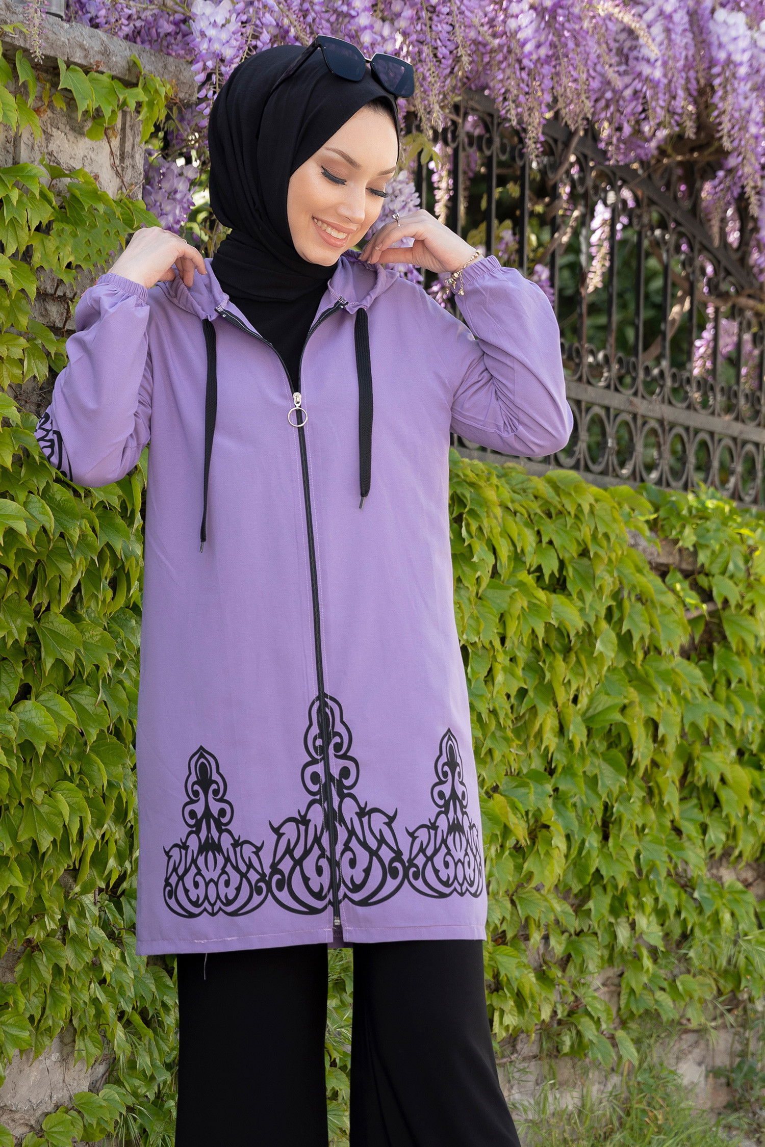 Düz Orta Kadın Lila Baskılı Tunik - 3729