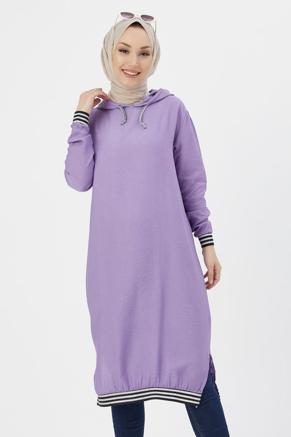 Düz Kapsonlu Yaka Kadın Lila KAPSONLU TUNIK - 3534 LİLA
