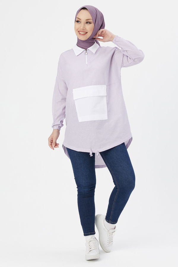 Düz Gömlek Yaka Kadın Lila TUNIK - 3604 LİLA