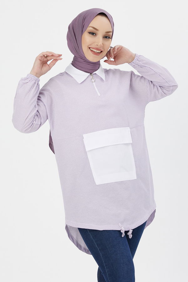 Düz Gömlek Yaka Kadın Lila TUNIK - 3604 LİLA