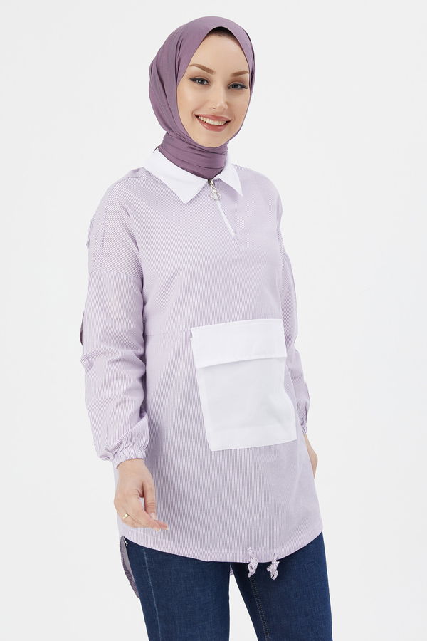Düz Gömlek Yaka Kadın Lila TUNIK - 3604 LİLA