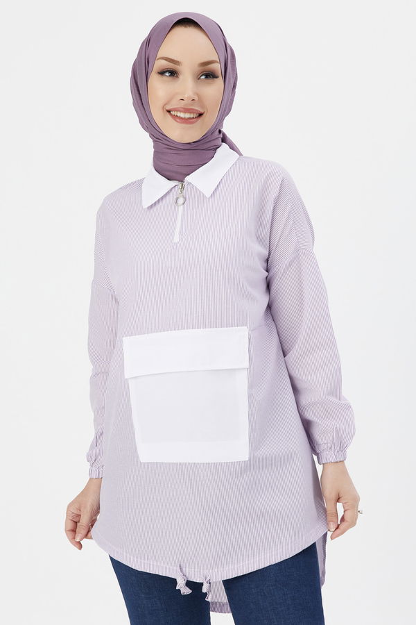 Düz Gömlek Yaka Kadın Lila TUNIK - 3604 LİLA