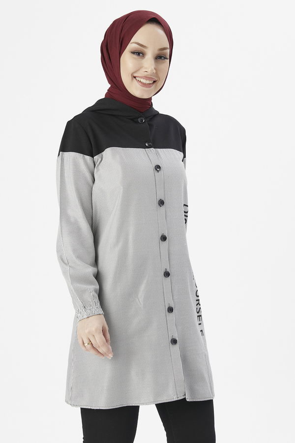 Düz Kapsonlu Yaka Kadın Siyah TUNIK - 3551