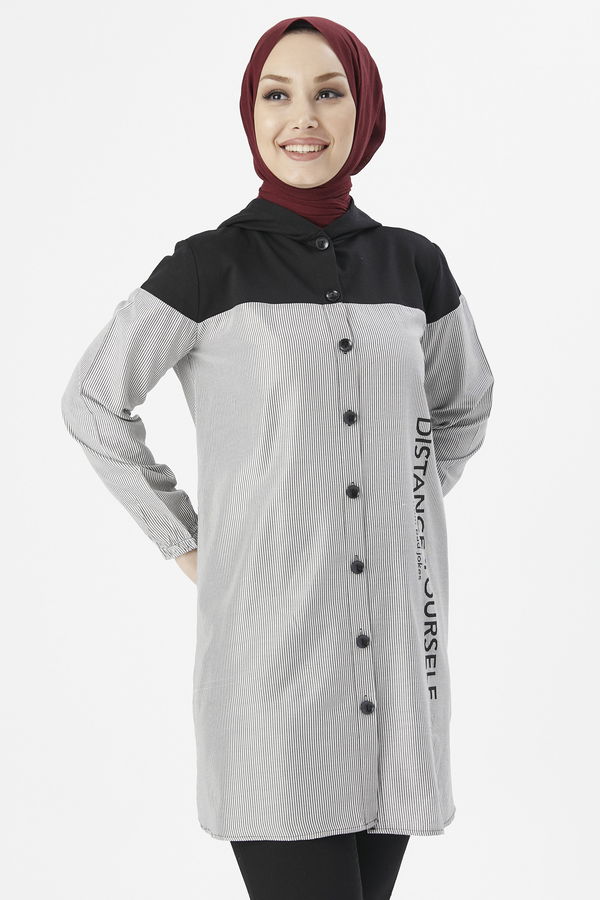Düz Kapsonlu Yaka Kadın Siyah TUNIK - 3551