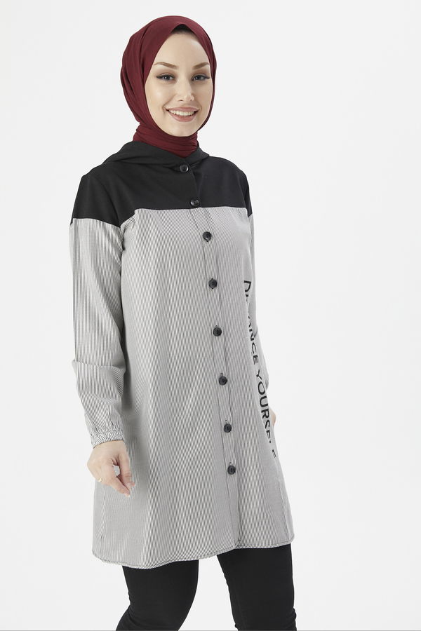 Düz Kapsonlu Yaka Kadın Siyah TUNIK - 3551