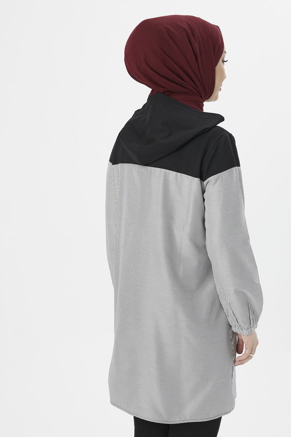 Düz Kapsonlu Yaka Kadın Siyah TUNIK - 3551
