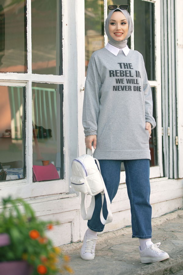 Düz Orta Kadın Gri TUNIK - 3358
