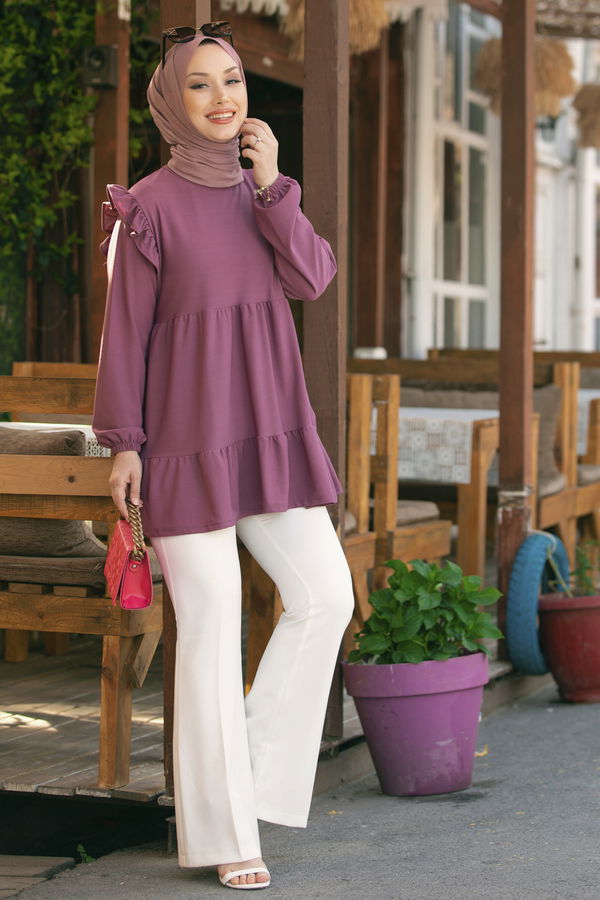 Düz Bisiklet Yaka Kadın Lila TUNIK - 3282 LİLA
