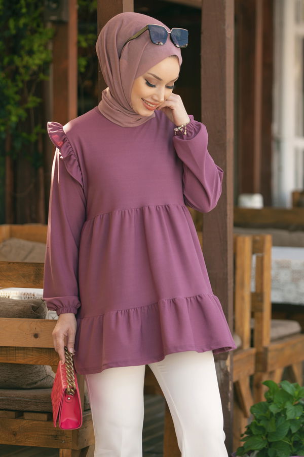 Düz Bisiklet Yaka Kadın Lila TUNIK - 3282 LİLA