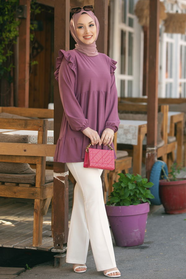 Düz Bisiklet Yaka Kadın Lila TUNIK - 3282 LİLA
