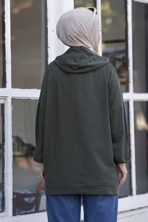 Düz Kapsonlu Yaka Kadın Haki Sweat - 3868 HAKİ