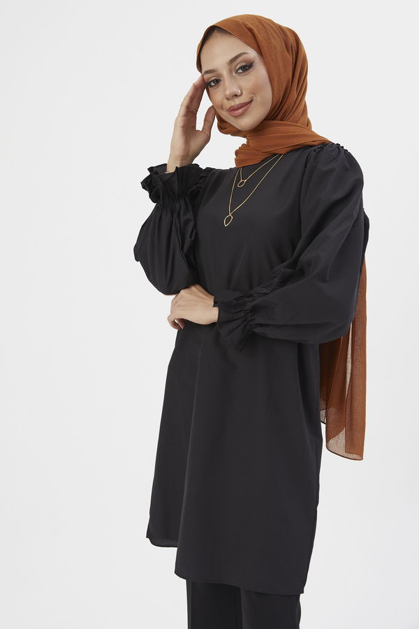 Düz Gömlek Yaka Kadın Siyah TUNIK - 3512