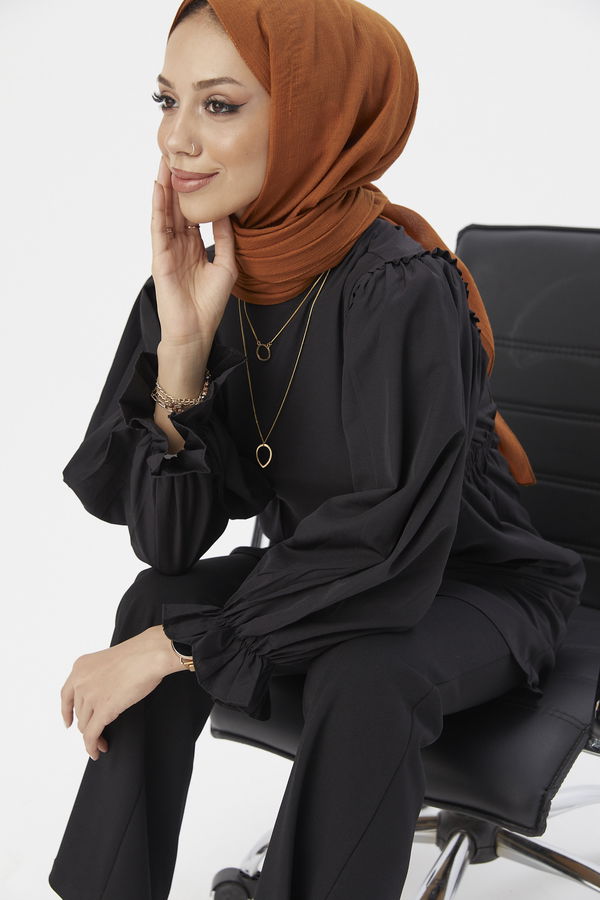Düz Gömlek Yaka Kadın Siyah TUNIK - 3512