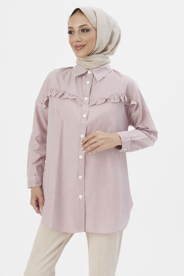 Düz Gömlek Yaka Kadın Bordo Bluz - 3798