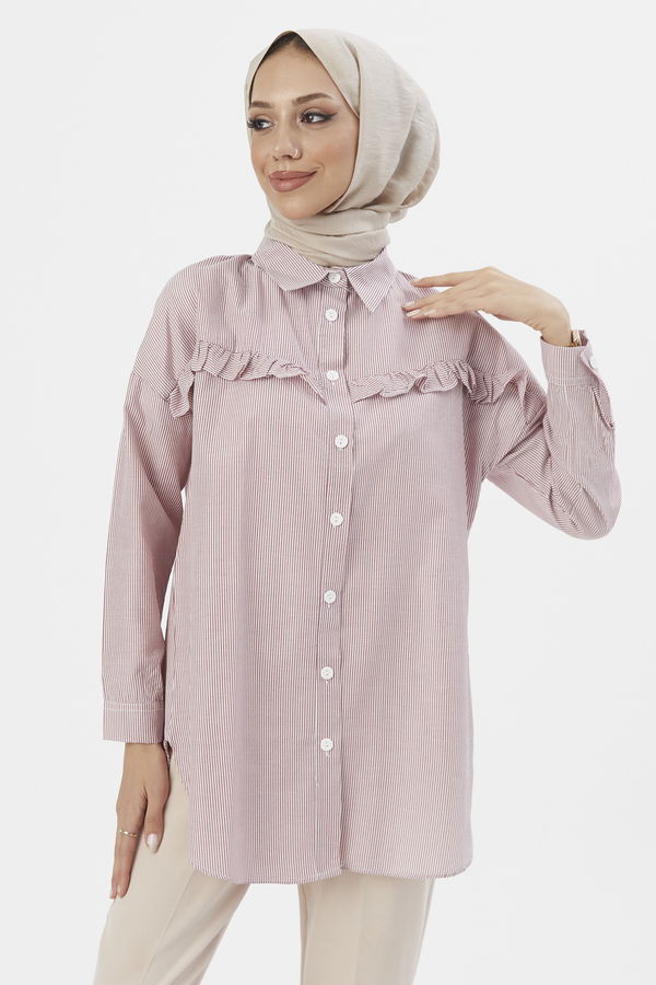 Düz Gömlek Yaka Kadın Bordo Bluz - 3798
