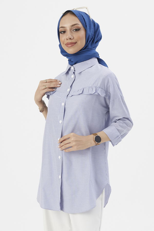 Düz Gömlek Yaka Kadın Mavi Bluz - 3798 MAVİ