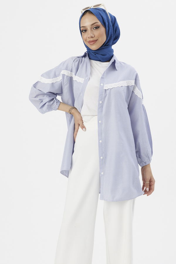 Düz Gömlek Yaka Kadın Mavi TUNIK - 8676 MAVİ