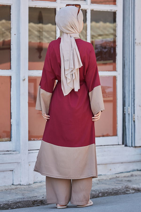 Düz Orta Kadın Bordo Hırka Pantolon - 10508