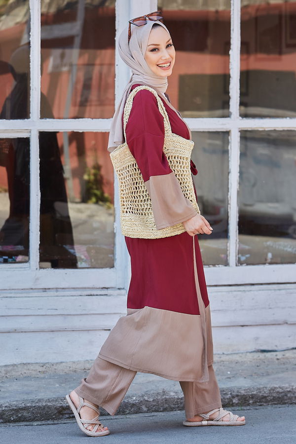 Düz Orta Kadın Bordo Hırka Pantolon - 10508