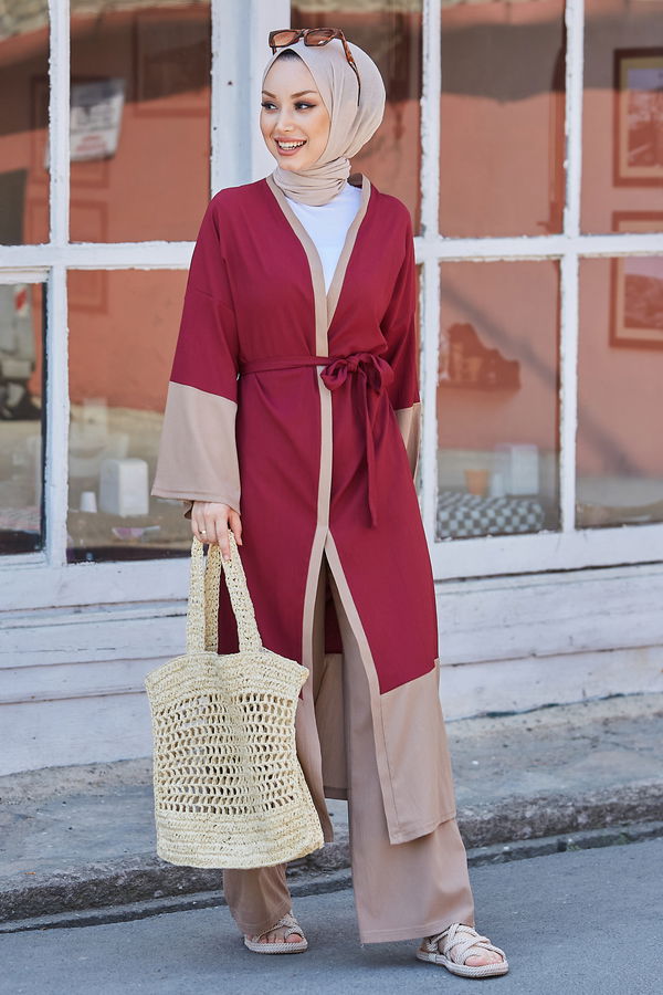Düz Orta Kadın Bordo Hırka Pantolon - 10508