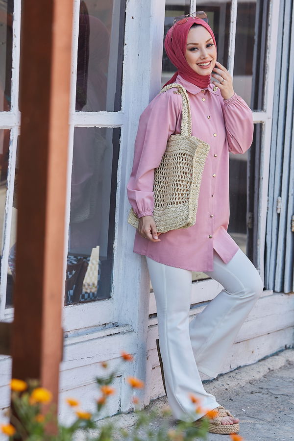 Düz Gömlek Yaka Kadın Pembe Gömlek - 10761 PEMBE