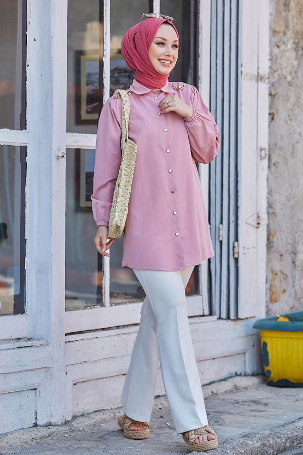 Düz Gömlek Yaka Kadın Pembe Gömlek - 10761 PEMBE