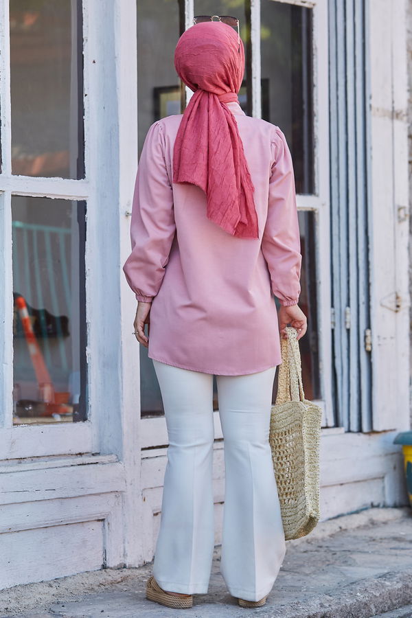 Düz Gömlek Yaka Kadın Pembe Gömlek - 10761 PEMBE