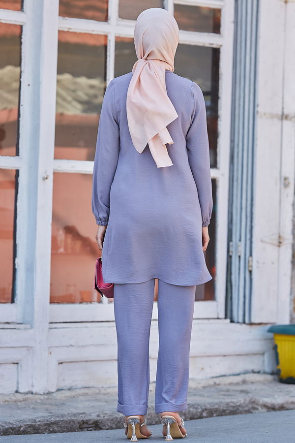 Düz Bisiklet Yaka Kadın Gri Tunik Pantolon - 10528 GRİ