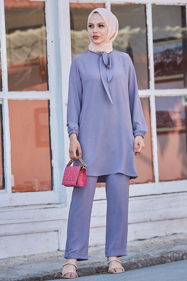 Düz Bisiklet Yaka Kadın Gri Tunik Pantolon - 10528 GRİ