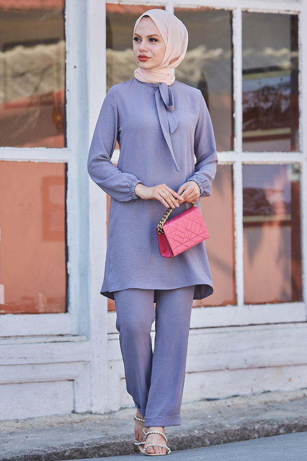 Düz Bisiklet Yaka Kadın Gri Tunik Pantolon - 10528 GRİ