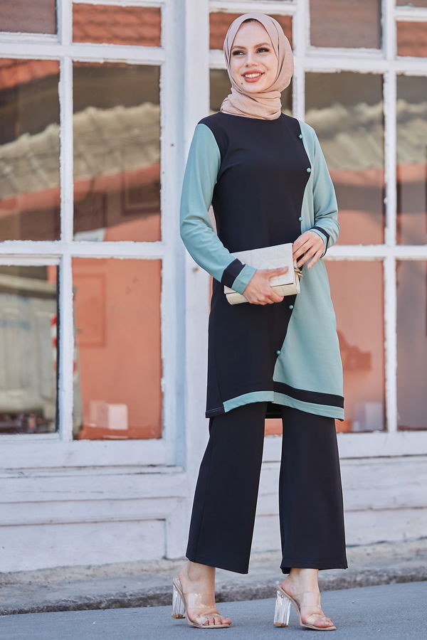 Düz Bisiklet Yaka Kadın Yeşil Tunik Pantolon - 10518 YEŞİL