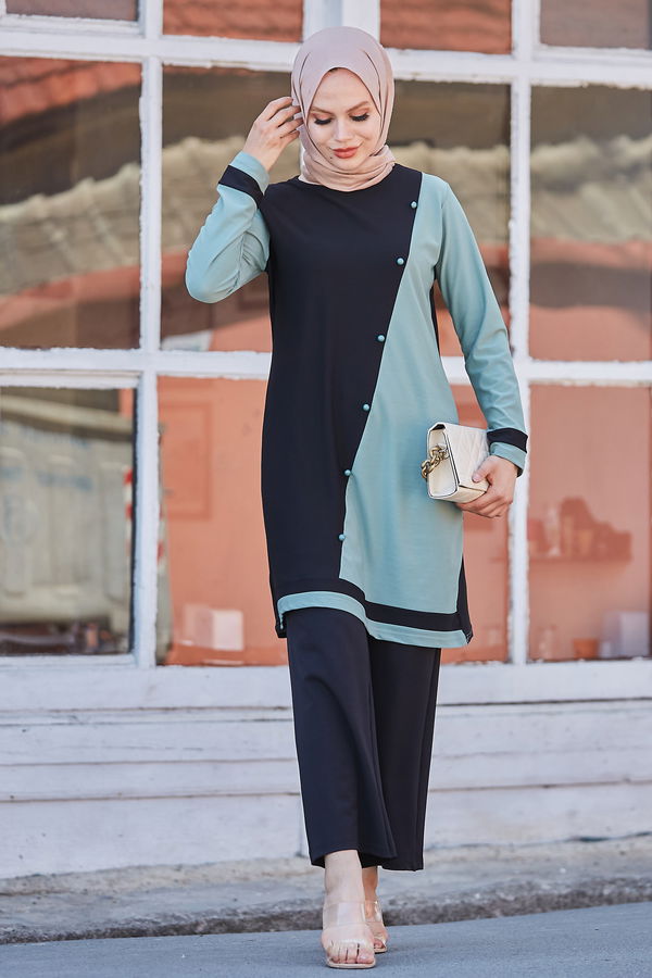 Düz Bisiklet Yaka Kadın Yeşil Tunik Pantolon - 10518 YEŞİL