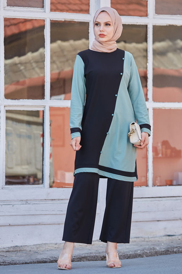 Düz Bisiklet Yaka Kadın Yeşil Tunik Pantolon - 10518 YEŞİL