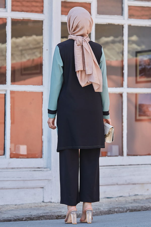 Düz Bisiklet Yaka Kadın Yeşil Tunik Pantolon - 10518 YEŞİL