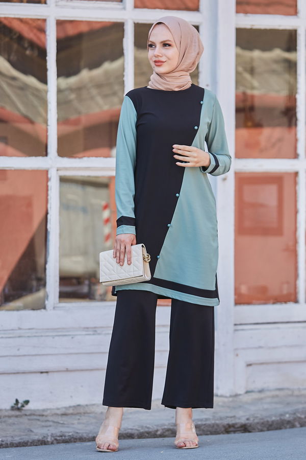 Düz Bisiklet Yaka Kadın Yeşil Tunik Pantolon - 10518 YEŞİL