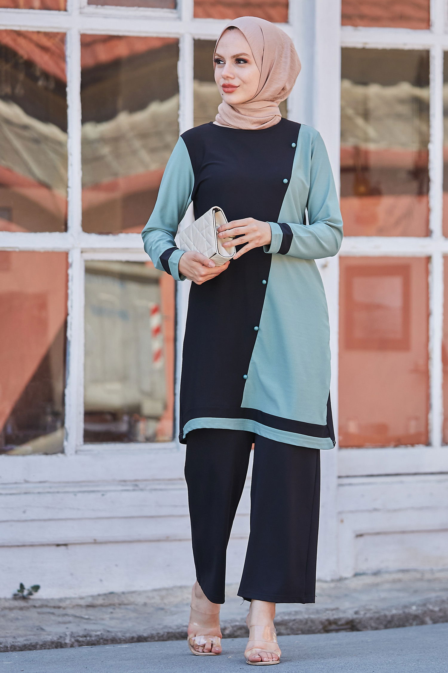 Düz Bisiklet Yaka Kadın Yeşil Tunik Pantolon - 10518 YEŞİL