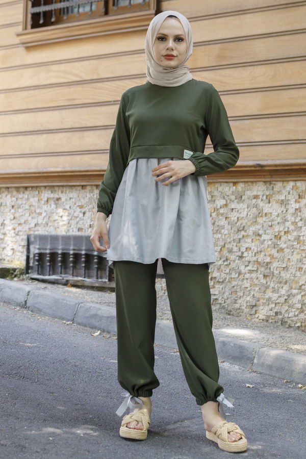 Düz Bisiklet Yaka Kadın Haki Tunik Pantolon - 10507 HAKİ