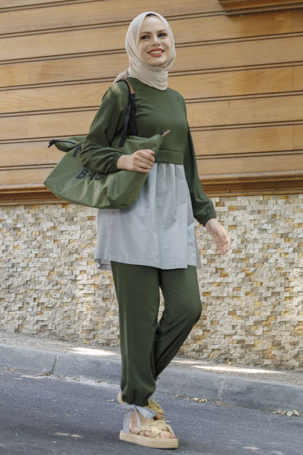 Düz Bisiklet Yaka Kadın Haki Tunik Pantolon - 10507 HAKİ
