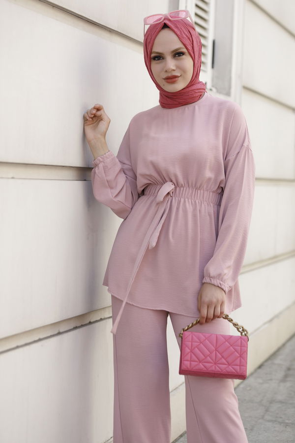 Düz Bisiklet Yaka Kadın Pembe Bluz+Pantolon - 10523 PEMBE