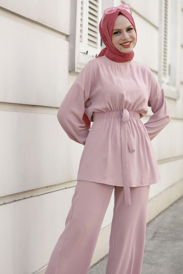 Düz Bisiklet Yaka Kadın Pembe Bluz+Pantolon - 10523 PEMBE