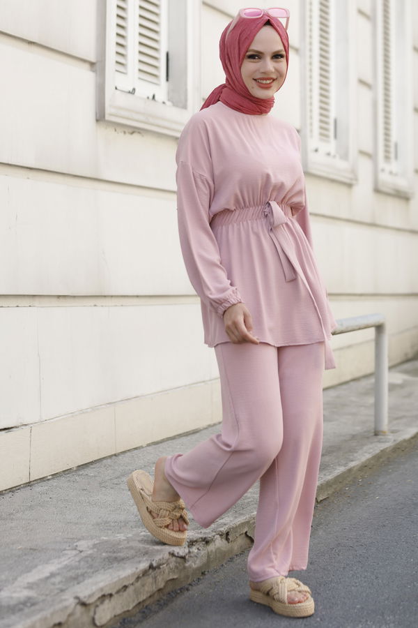 Düz Bisiklet Yaka Kadın Pembe Bluz+Pantolon - 10523 PEMBE