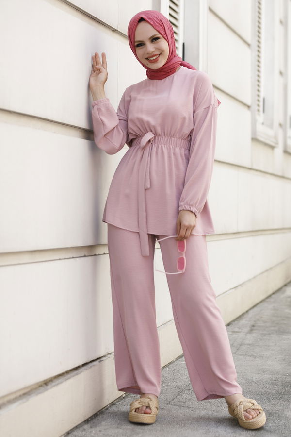 Düz Bisiklet Yaka Kadın Pembe Bluz+Pantolon - 10523 PEMBE